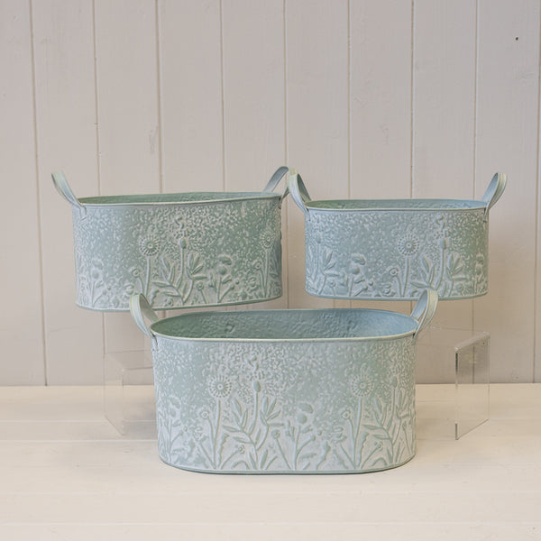 Sage Oval Zinc Planters with Floral Design Set of 3