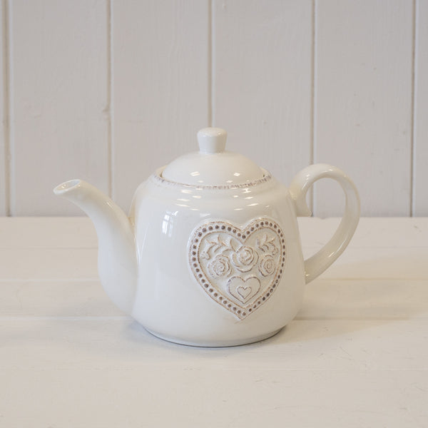 White Ceramic Teapot with Floral Heart Detail