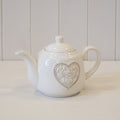White Ceramic Teapot with Floral Heart Detail