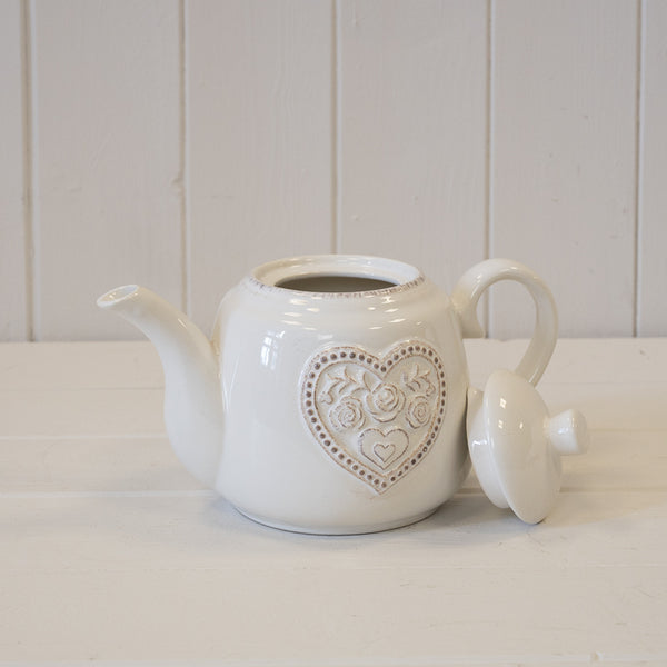 White Ceramic Teapot with Floral Heart Detail